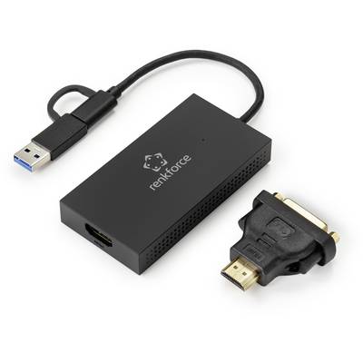 Črn HDMI-VGA adapter znamke Renkforce z USB priključkom, ki prikazuje glavno napravo in ustrezen adapter.