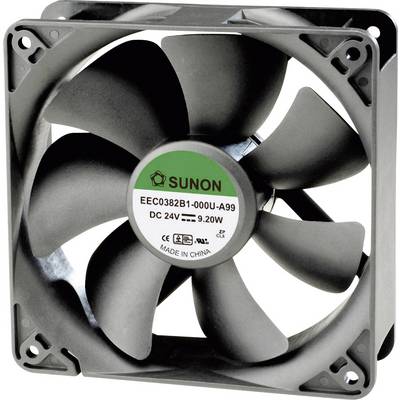 Črn ventilator s petimi krili, na katerega sredini je nalepka s tehničnimi specifikacijami v zeleno-sivi barvni shemi.