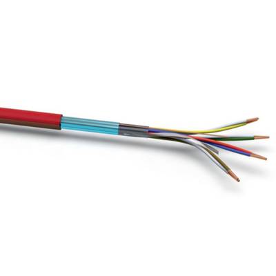 Električni kabel z rdečim plaščem, ki prikazuje več barvnih žic. Vsaka žica je razgaljena na desni strani in različnih barv.