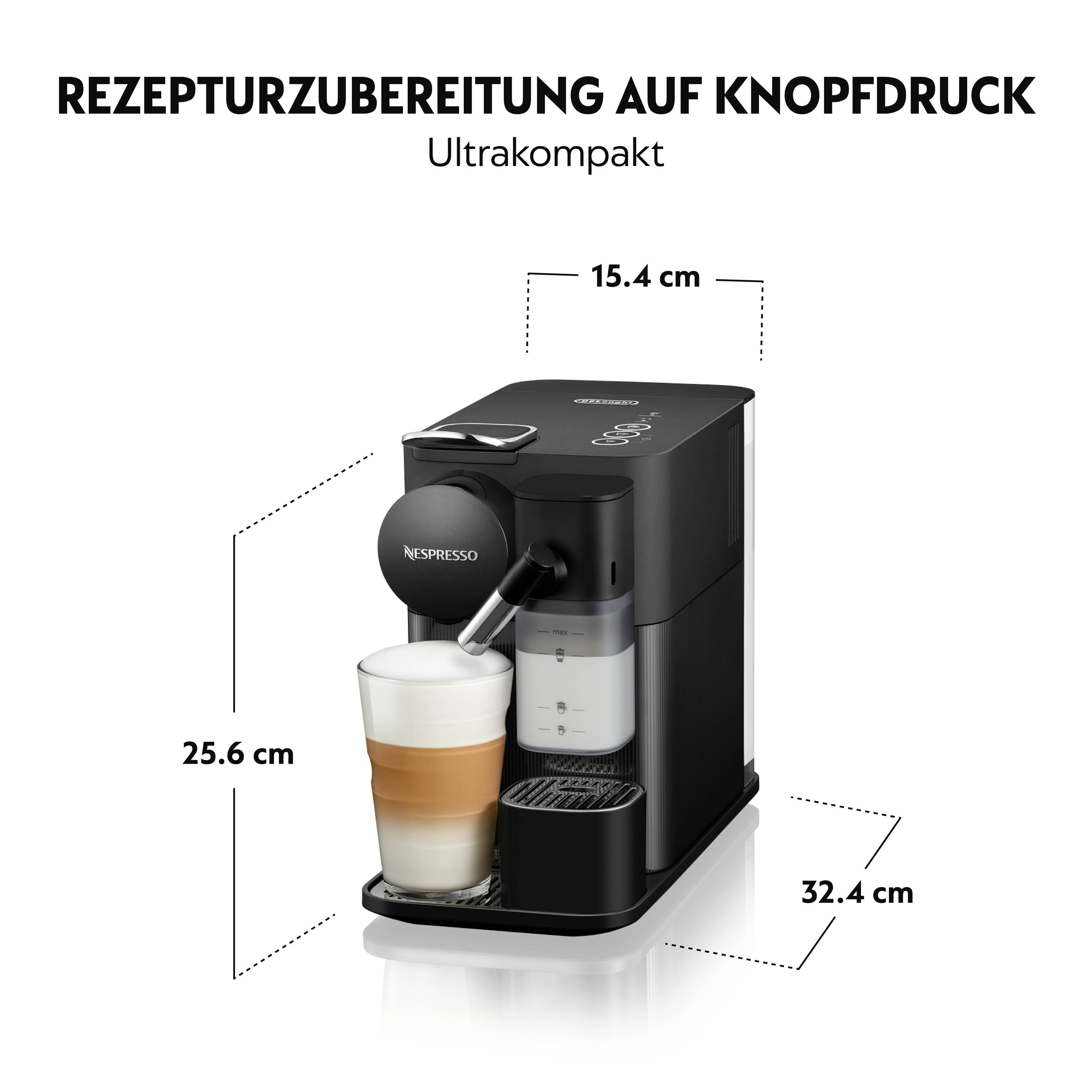 Kompaktni kavni avtomat prikazuje svoje mere: 25,6 cm visok, 15,4 cm širok in 32,4 cm globok. Zraven je steklo z latte macchiatom.