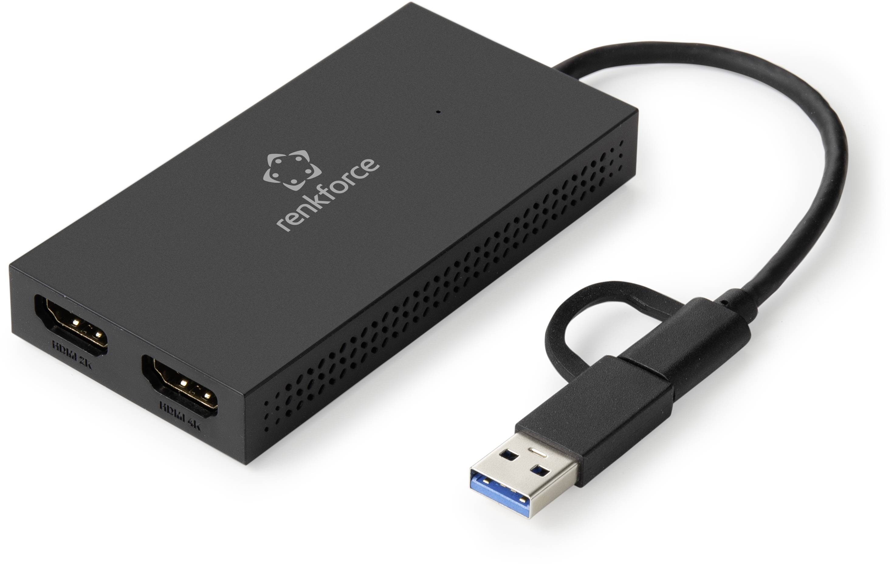 USB 3.0 na HDMI adapter Renkforce, črn, z dvema HDMI priključkoma za zunanje zaslone.