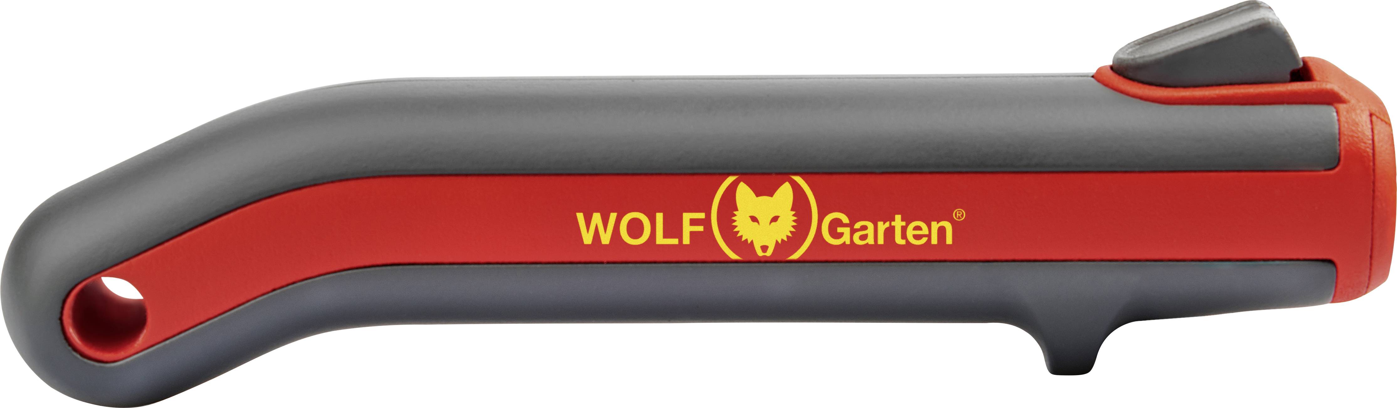 Napis prikazuje sivo in rdečo napravo za zatiranje plevela znamke WOLF-Garten z ergonomskim ročajem in izrazitim logotipom blagovne znamke.