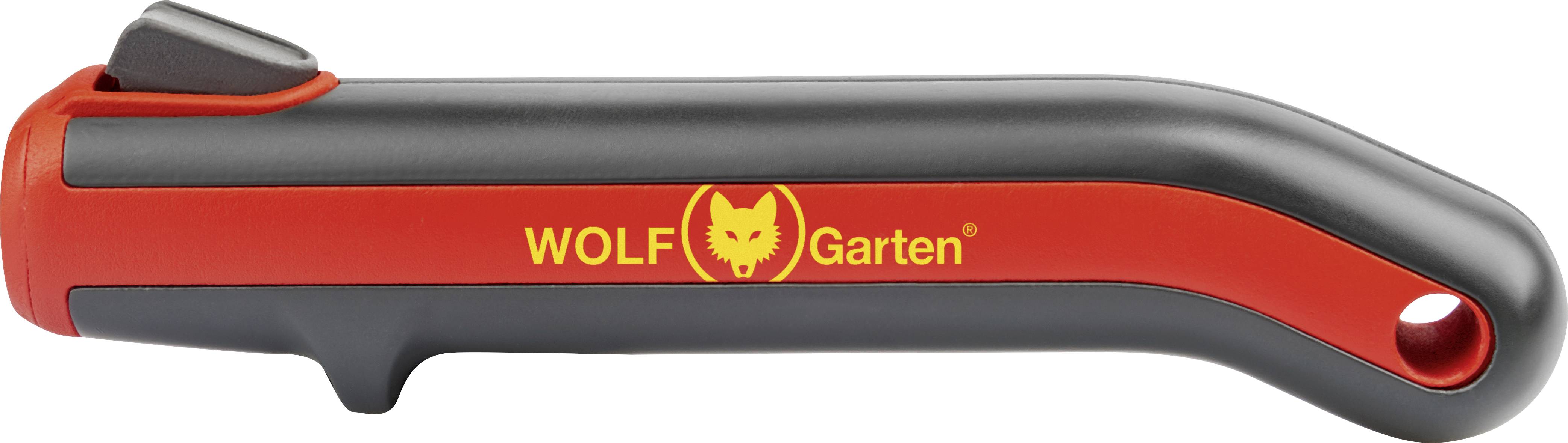 Ročni sekač z rdečim in črnim ročajem, ki nosi logotip 'WOLF Garten'.