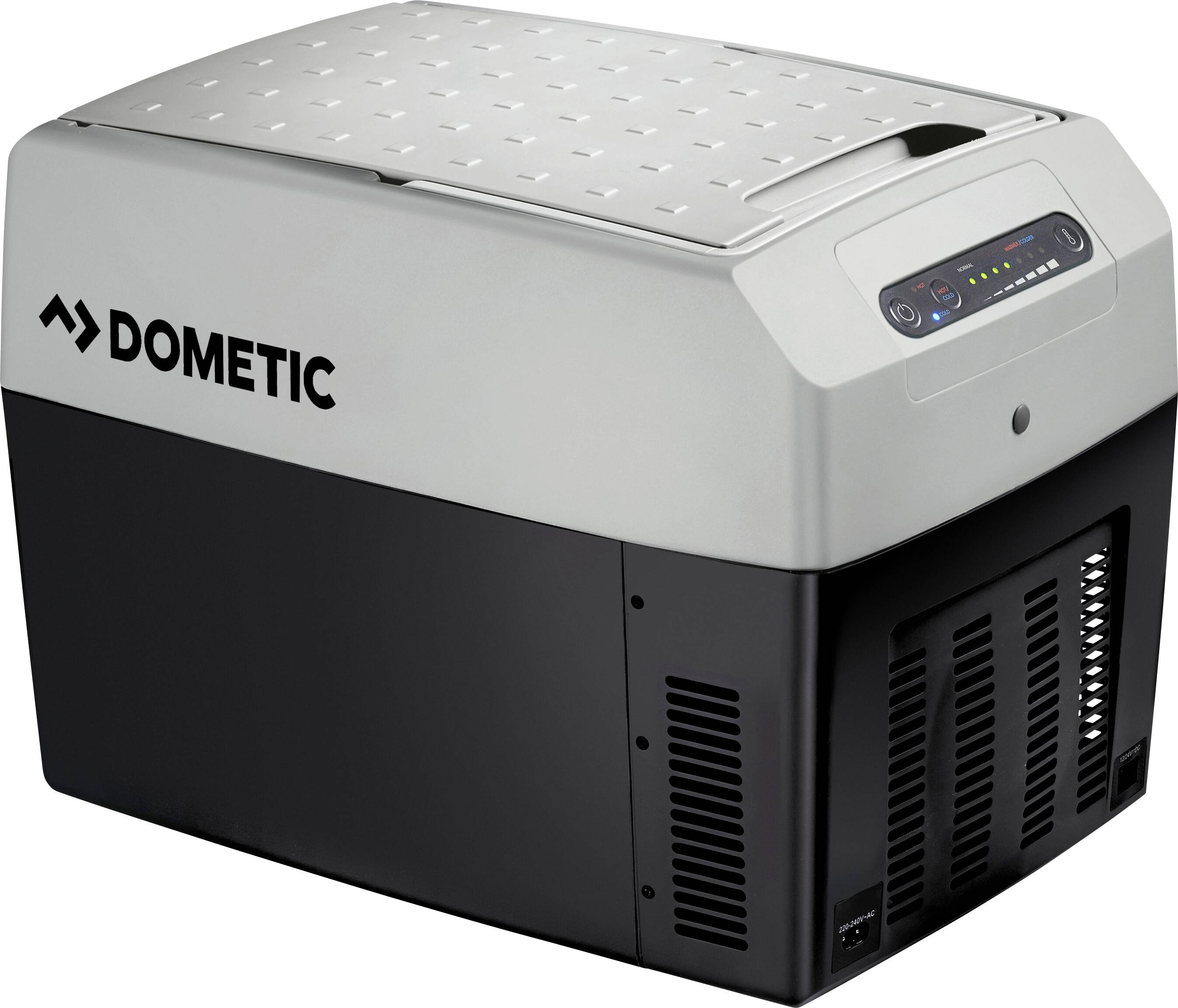 Električna hladilna torba Dometic za na poti. Je srebrne barve in na strani prikazuje logotip znamke.