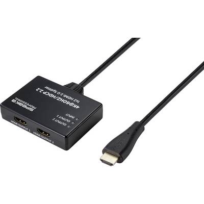 HDMI-razcepnik z dvema izhodoma in enim vhodnim kablom, primeren za 4K60Hz in HDCP 2.2, leži na beli podlagi.