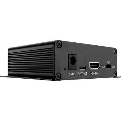 Črna elektronska naprava s priključki: 5VDC napajanje, servisni mini-USB, HDMI vhod in zvočno stikalo za 2CH ali 5.1CH.