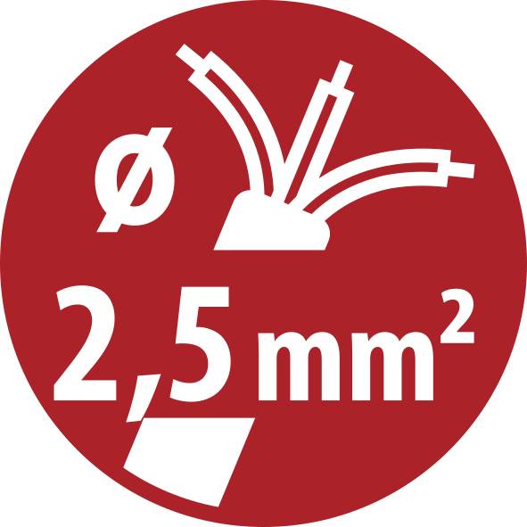Rdeča okrogla nalepka za kabel, ki prikazuje »2,5 mm²« s simbolom preseka žice in simbolom premera »ø«.