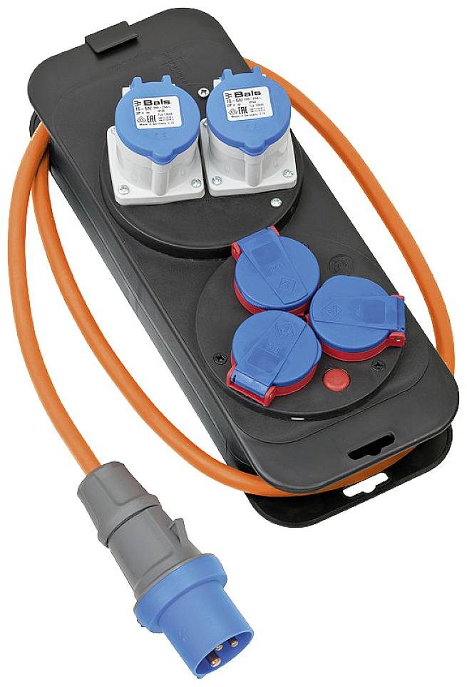 Večpriklopna električna razdelilna letev z oranžnim kablom in modrimi vtičnicami. Ima več priključkov za električne naprave.