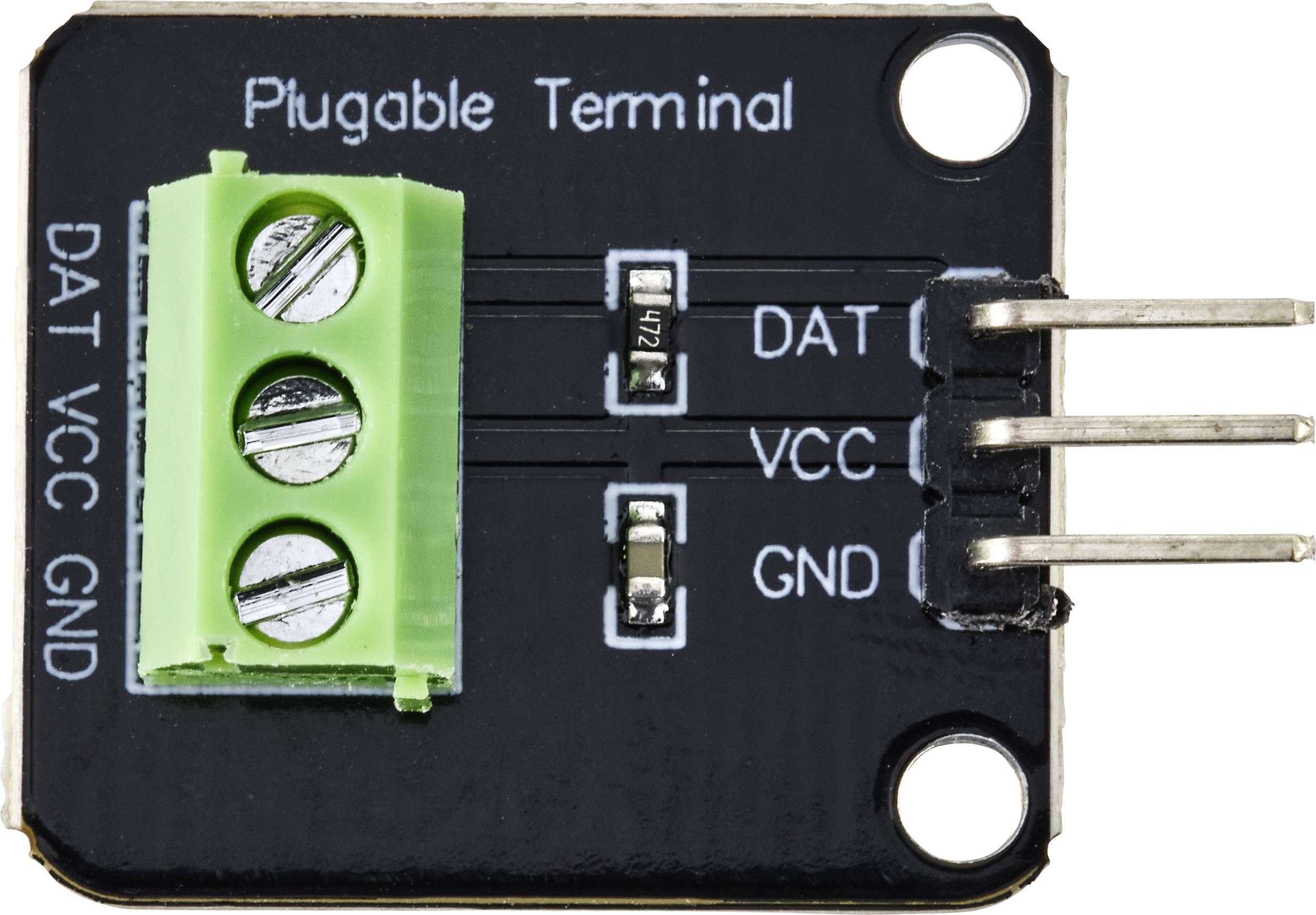 Elektronski modul z zelenim priključnim blokom in tremi priključki, označenimi z 'DAT', 'VCC', 'GND', za prenos podatkov in napajanje.