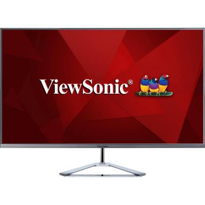 Slika računalniškega monitorja z rdečo ozadjem in logotipom 'ViewSonic' na levi strani, zraven pa trije majhni pisani ptički.