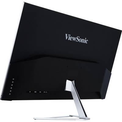 Pogled od zadaj na ViewSonic monitor s črnim ohišjem in srebrnim stojalom. Logotip podjetja je dobro viden natisnjen.