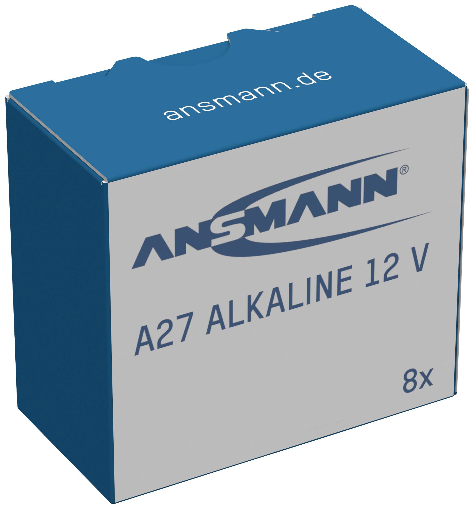 Embalaža z napisom 'ANSMANN A27 Alkaline 12 V, 8 kosov'.