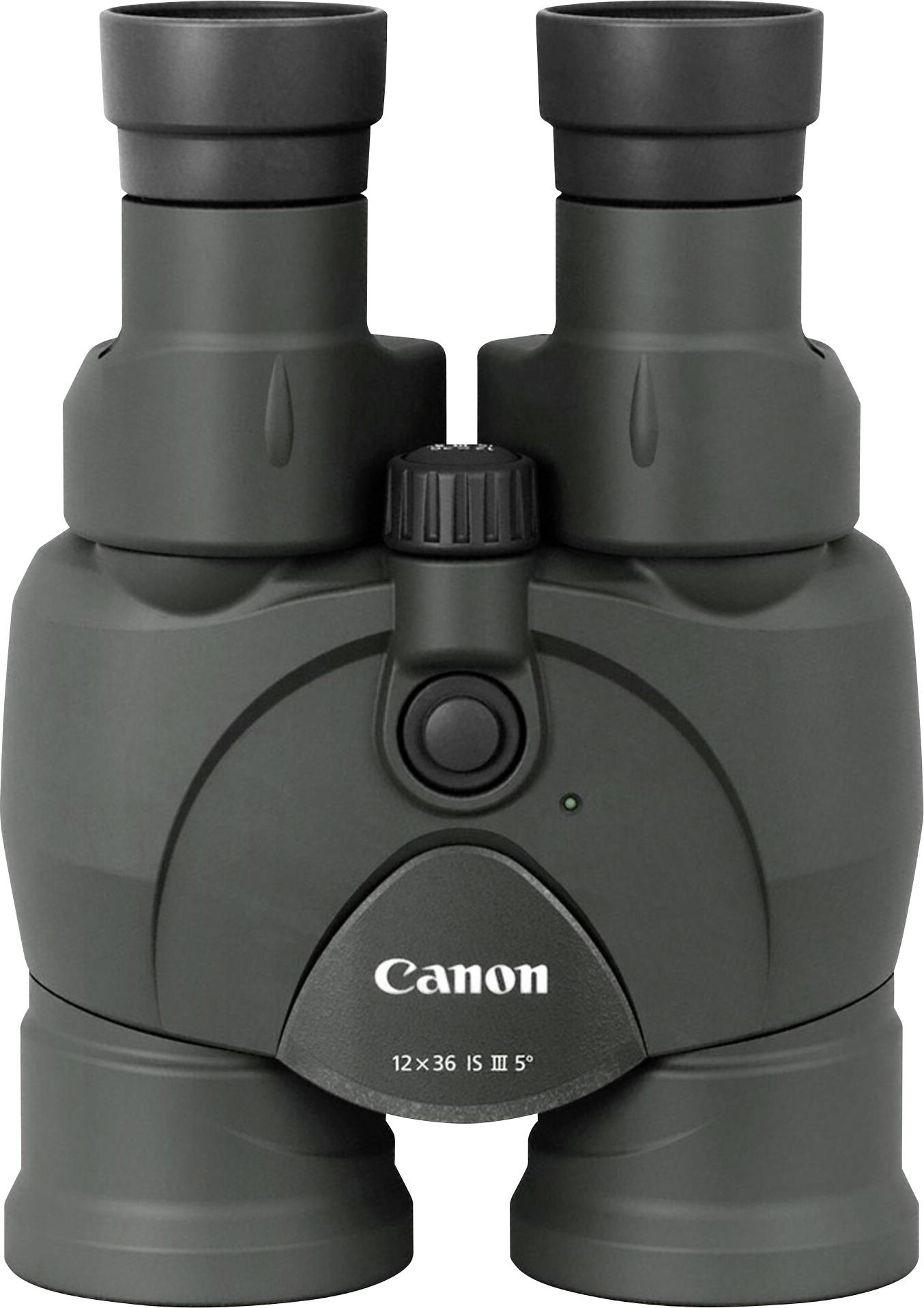 Daljnogled Canon 12x36 IS III pred belo podlago, temno ohišje s centralnim fokusirnim kolesom in stabilno zasnovo.