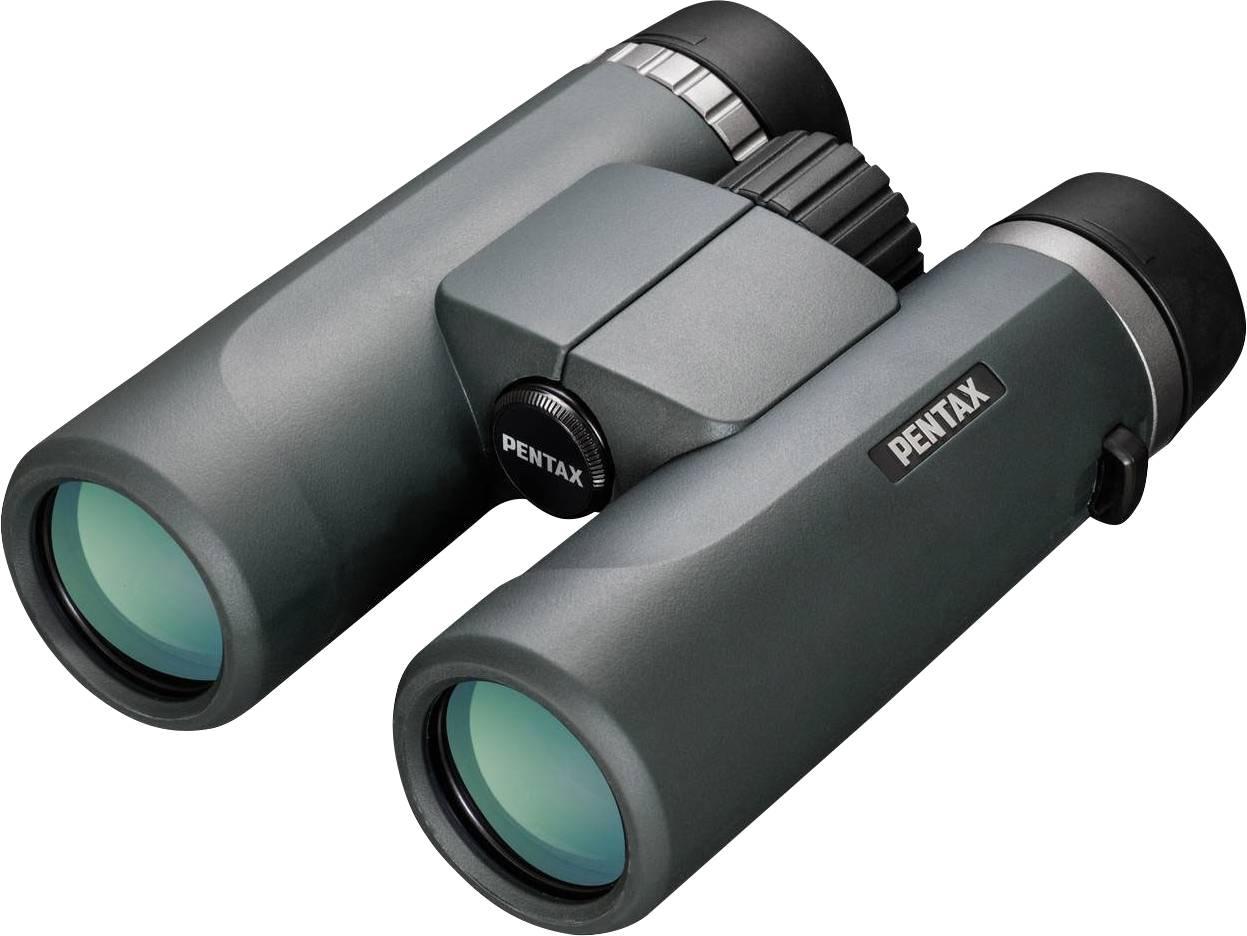 Sivi daljnogled znamke 'Pentax', primeren za opazovanje na prostem in opazovanje ptic.