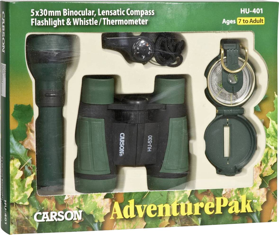 'AdventurePak' vsebuje daljnogled, kompas, svetilko in piščalko s termometrom. Embalaža prikazuje zeleni gozdni dizajn. Idealen za pustolovščine.