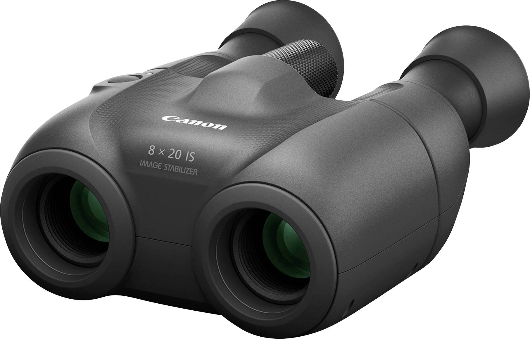 Črni daljnogled z napisom '8 x 20 IS IMAGE STABILIZER'. Ima velike leče in kompakten dizajn.