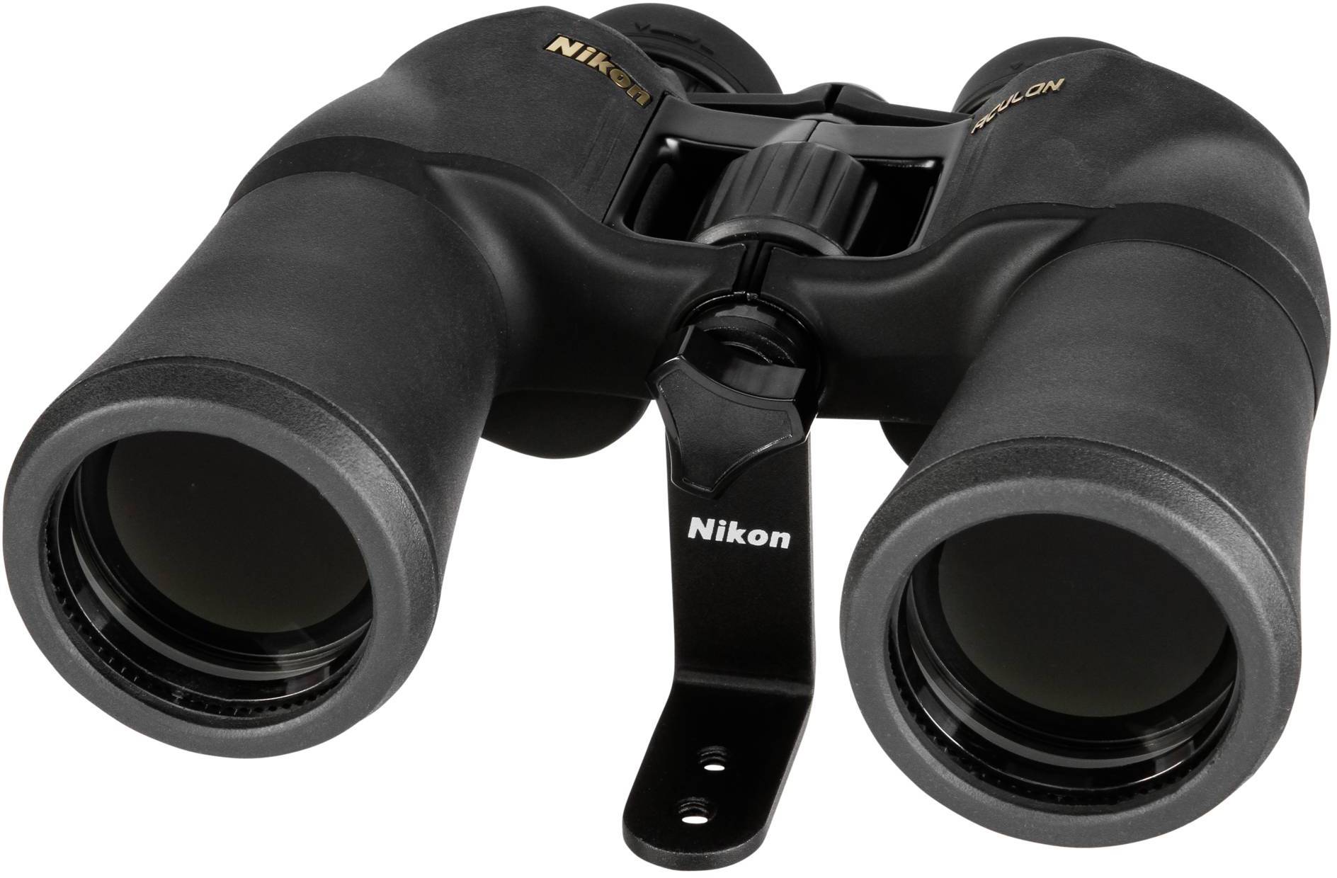 Daljnogled v črni barvi z napisom 'Nikon', primeren za outdoor aktivnosti, kot sta opazovanje ptic in potovanja.