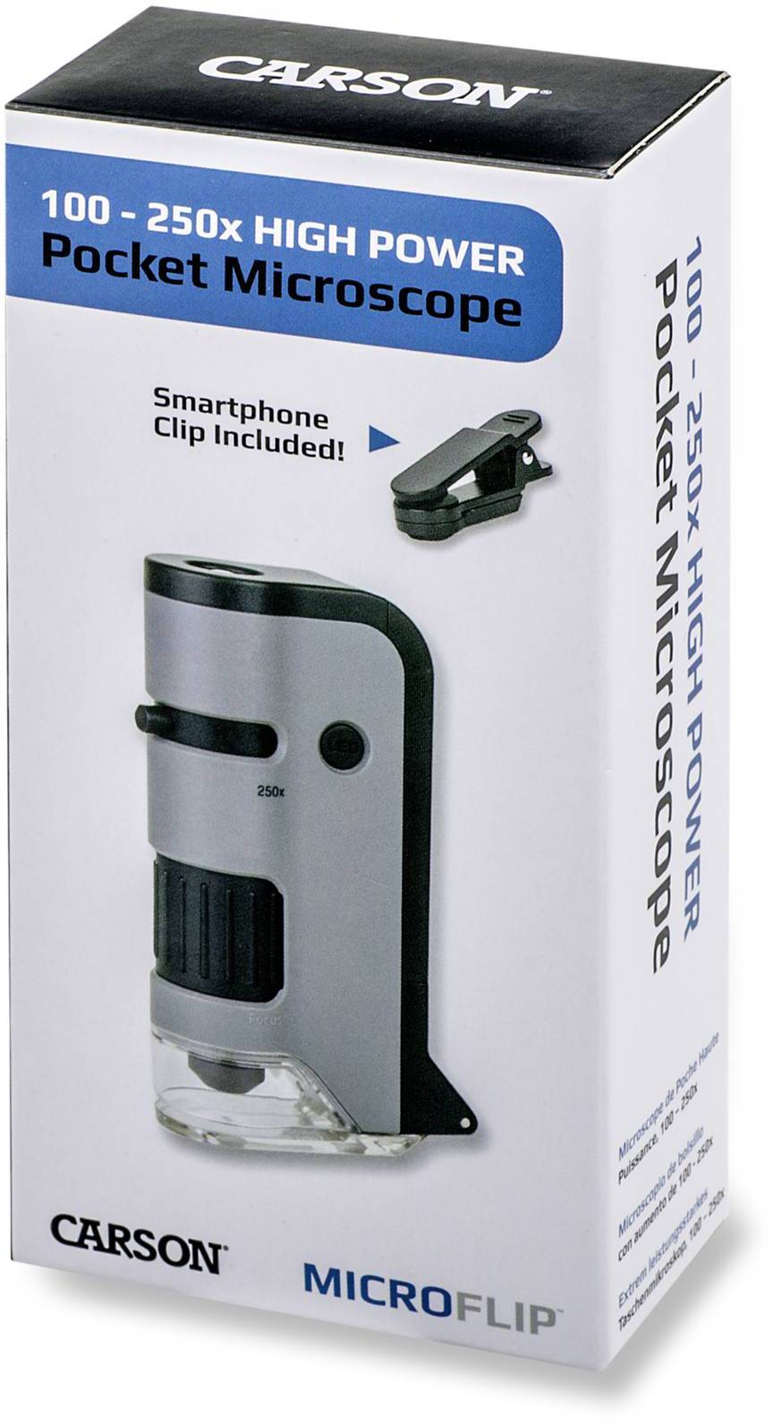 Žepni mikroskop s 100- do 250-kratno povečavo, vključno s priključkom za pametni telefon. Znamka: Carson, Model: MicroFlip.