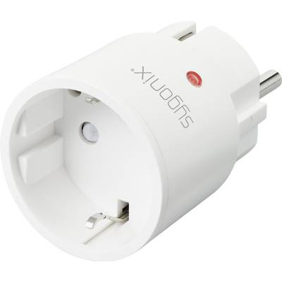 Bel, okrogel vmesni vtič z stranskim napisom 'SugomX', rdečo LED-indikatorsko lučko in ozemljitvenim kontaktom, primeren za evropske električne vtičnice.