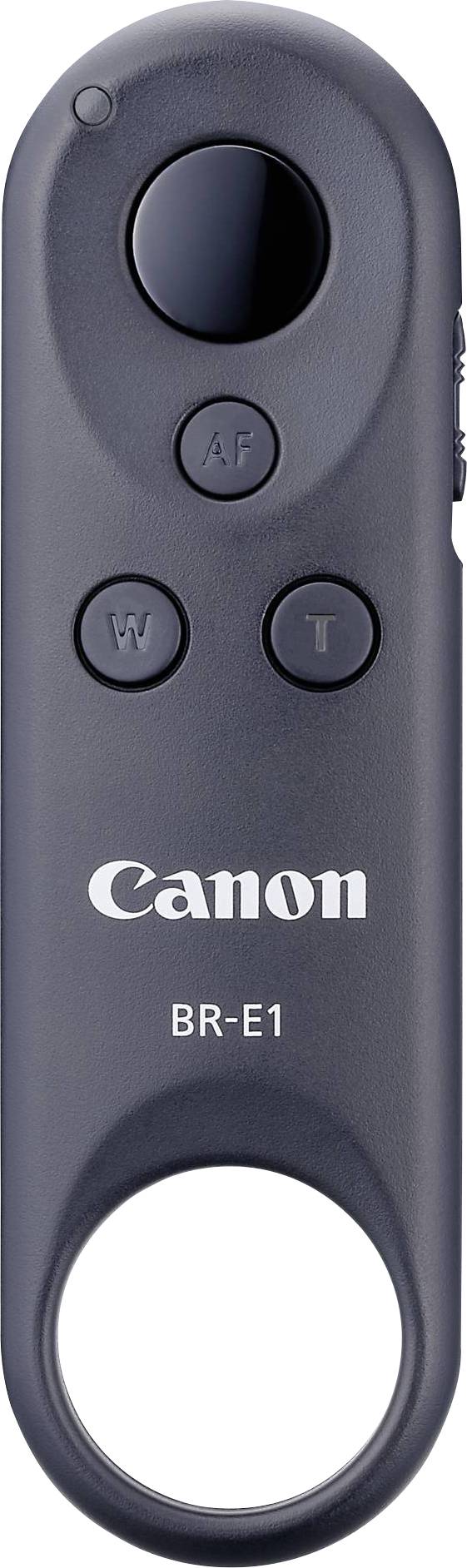 Brezžični Canon daljinski upravljalnik BR-E1 za upravljanje fotoaparatov, z gumboma za zoom in sprožilec. Kompakten, primeren za dlani, temno sive barve.
