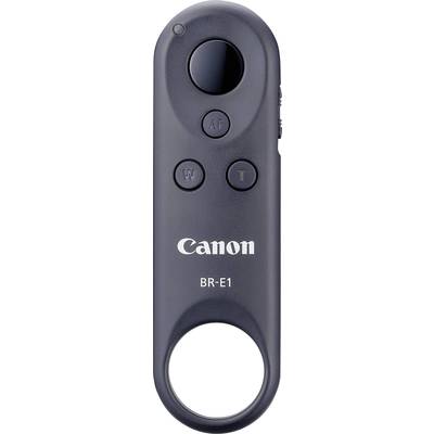 Brezžični Canon daljinski upravljalnik BR-E1 za upravljanje fotoaparatov, z gumboma za zoom in sprožilec. Kompakten, primeren za dlani, temno sive barve.