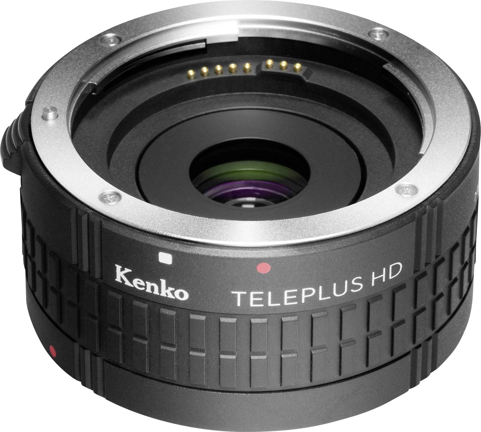 Črn Kenko TELEPLUS HD telekonverter, ki povečuje goriščno razdaljo fotoaparatnih objektivov.