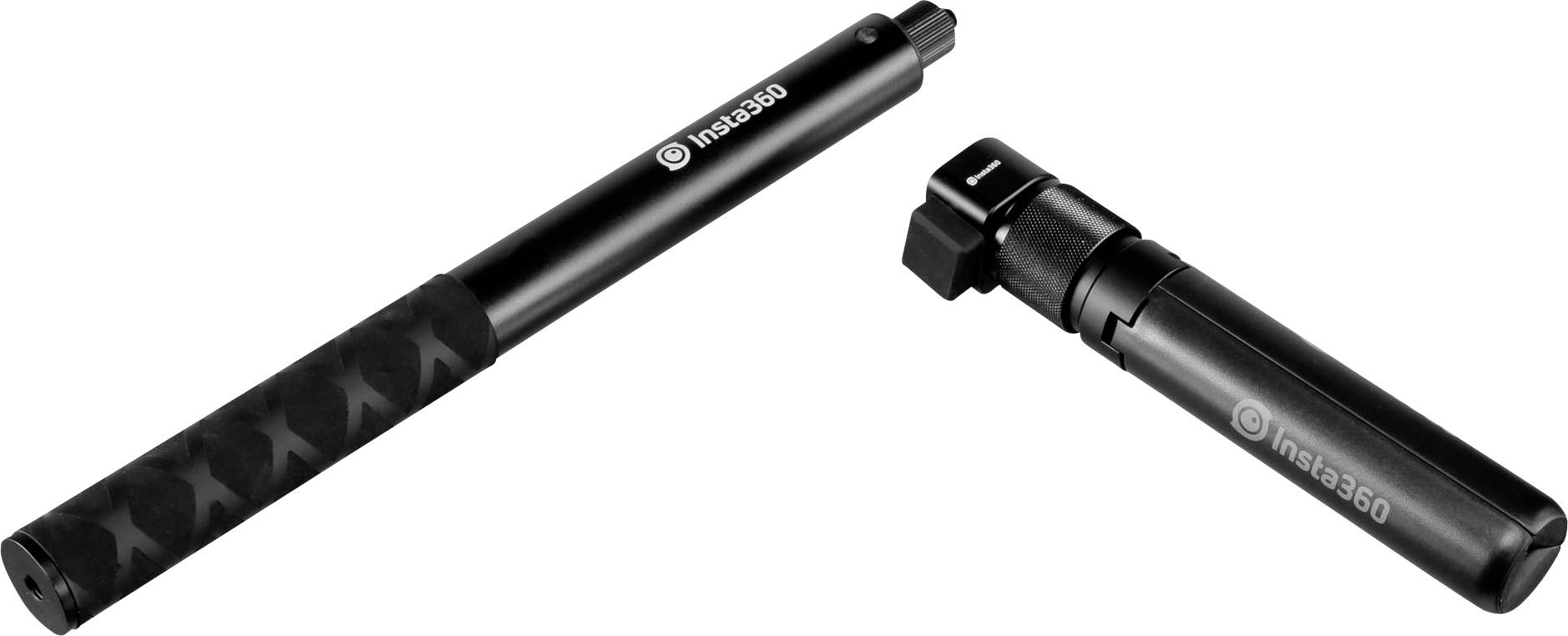 Dve črni teleskopski palici z logotipom 'insta360', ena je pokončna, druga zložena; dodatna oprema za kamere.