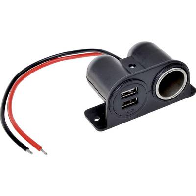 Črn adapter z dvema USB priključkoma in priključkom za vžigalnik, pritrjen na dveh kablih: rdečem in črnem.