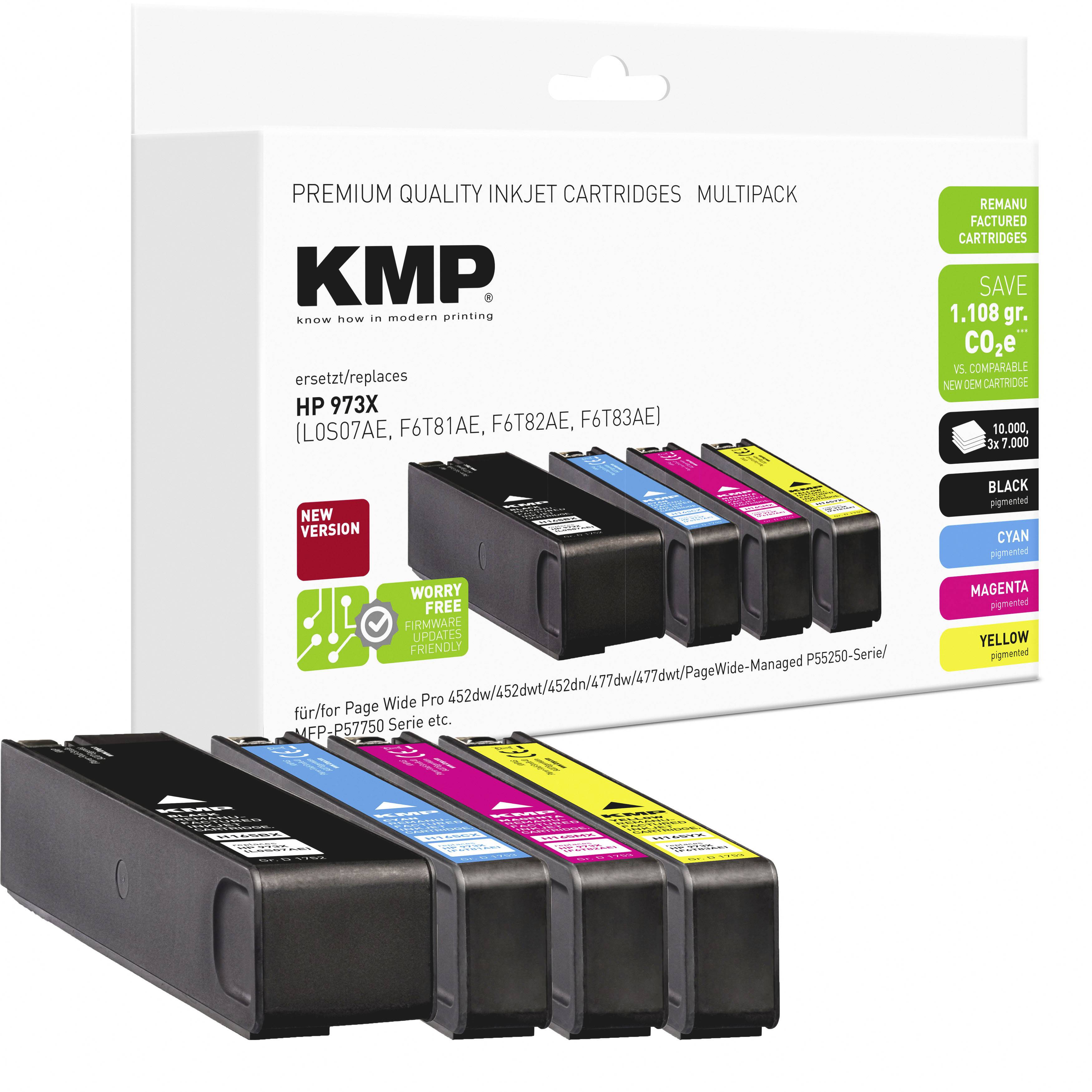 Paket KMP premium kartuš za črnilo z mlazom za HP 973X, prikazan v črni, cianovi, magenti in rumeni barvi, s seznamom kompatibilnih modelov tiskalnika.