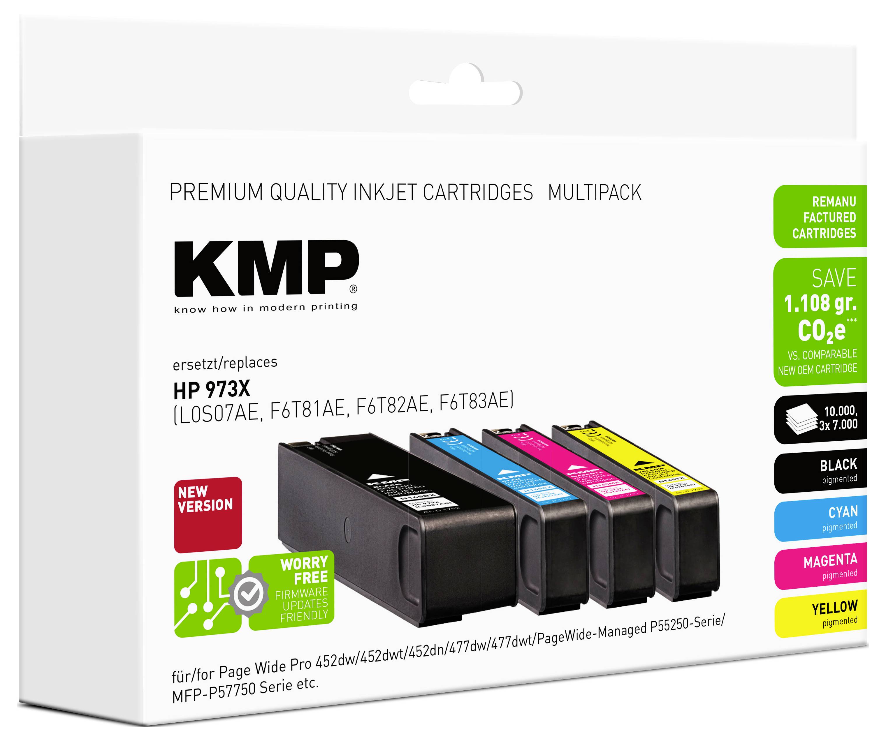 Embalažа za KMP premium barvne kartuše za inkjet tiskalnik v multipacku, zamenjava za HP 973X s črnimi, cianskimi, magentnimi in rumenim kartušami.