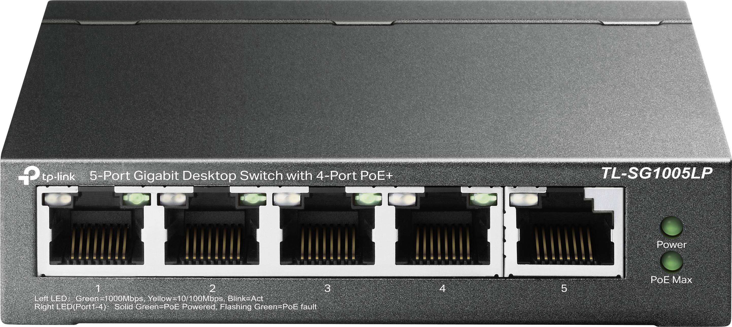 '5-portno gigabitno namizno stikalo s 4 PoE+ vrati, model TL-SG1005LP, pogled od spredaj s petimi ethernet vrati, indikatorji napajanja in PoE.'
