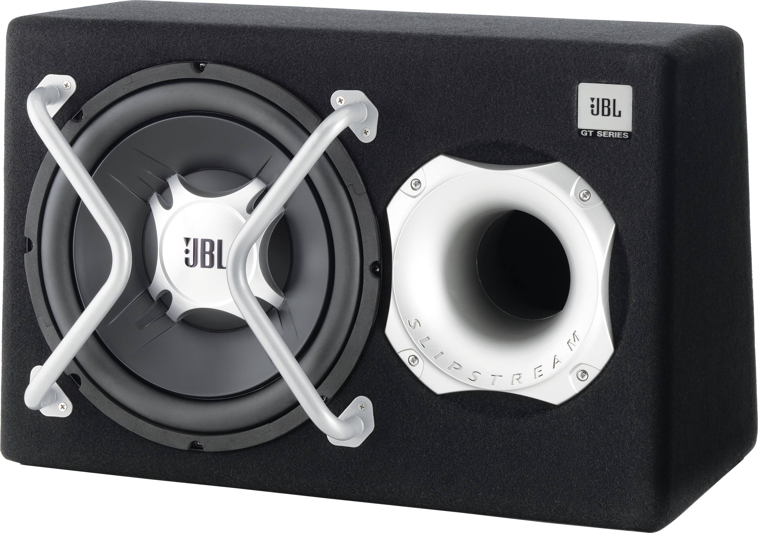 Črn JBL zvočnik s srebrnim zaščitnim mrežastim ohišjem in bassrefleksno cevjo, model 'GT Series'.