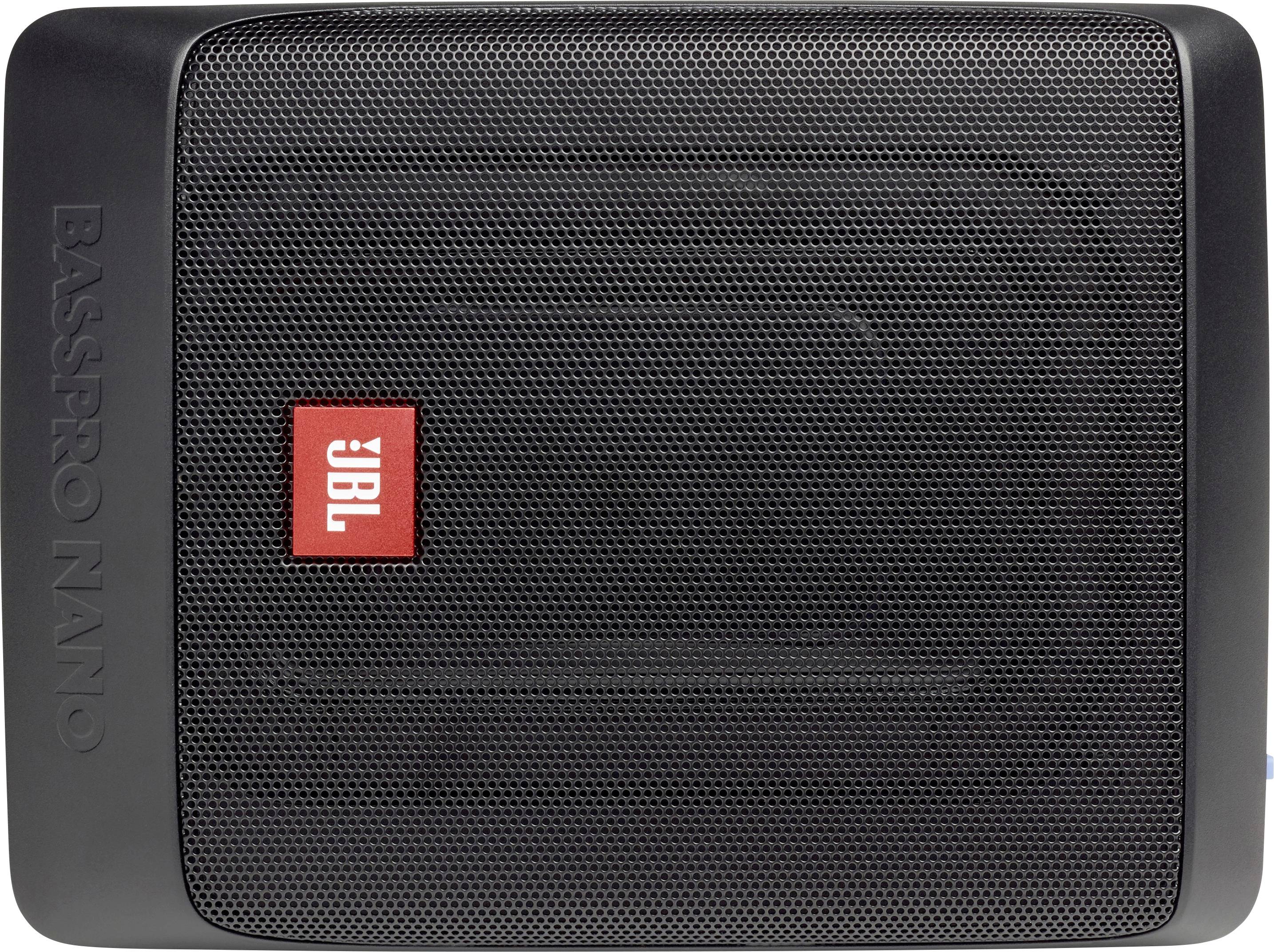 JBL BassPro Nano zvočnik, črn, pravokoten z rdečim logotipom. Zasnovan za kompaktno in močno reprodukcijo basa.
