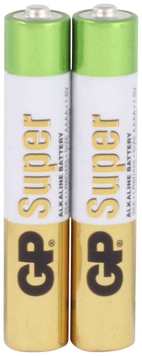 Embalaža z dvema GP Ultra+ AAAA 1,5-V-alkalijskima baterijama, zeleno-rumena zasnova, napomina »Dolgotrajni tok«.