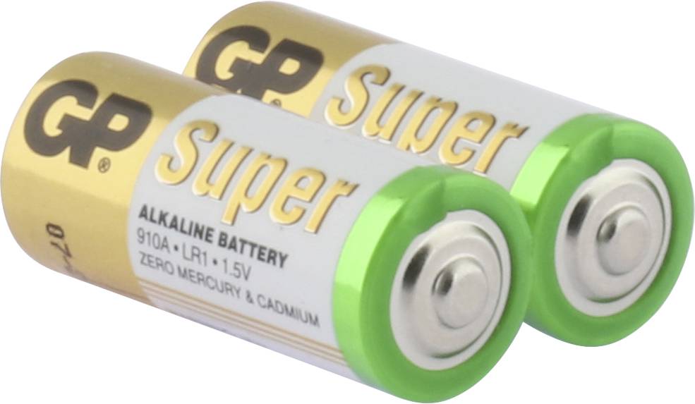 Dve alkalni bateriji GP, model 910A LR1, 1,5V, z napisom 'Super'.
