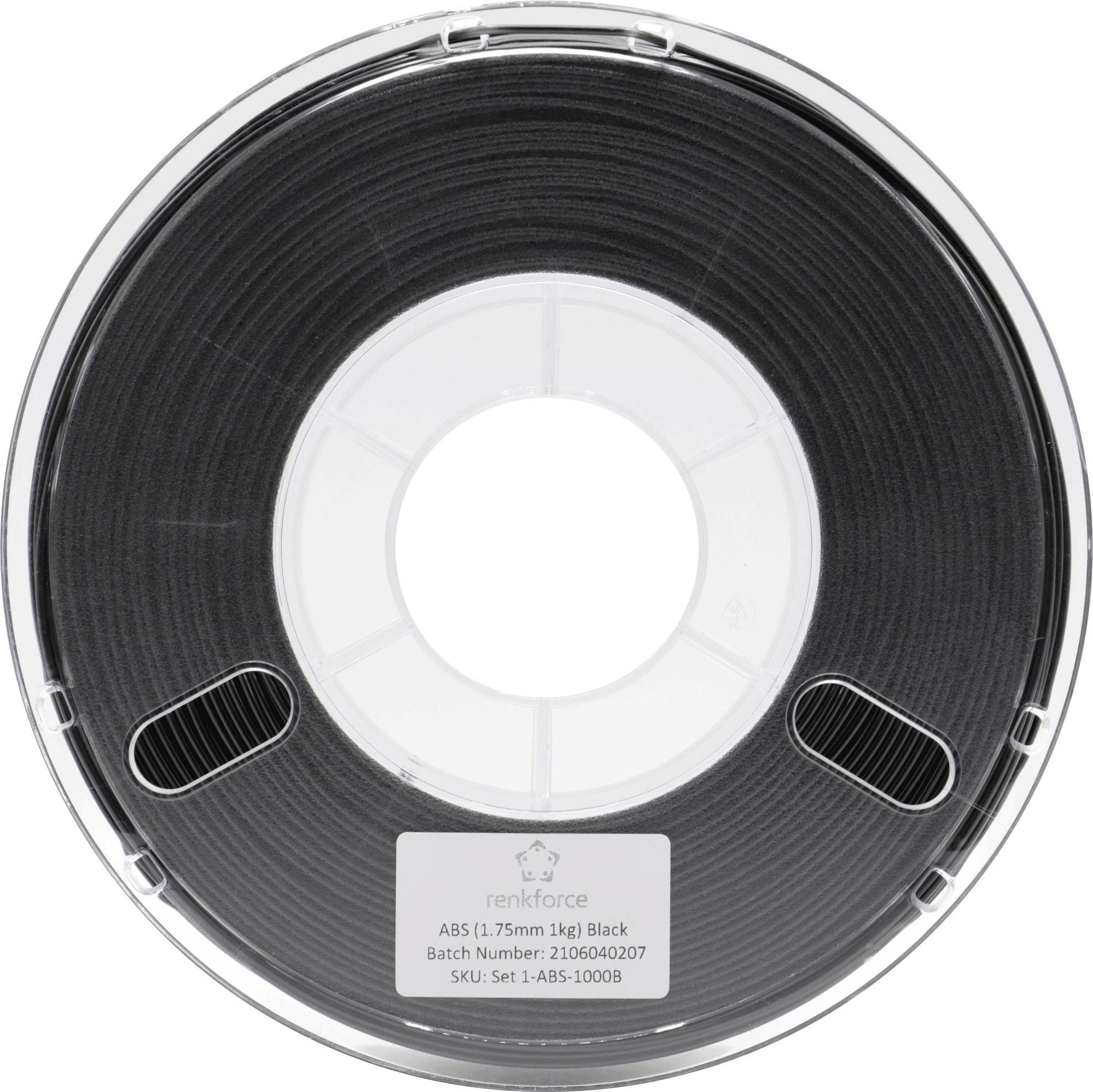 Kolut črnega ABS 3D-tiskalnega filamenta (1,75 mm/1 kg) v prozorni plastični embalaži. Nalepka prikazuje številko serije in SKU kodo.