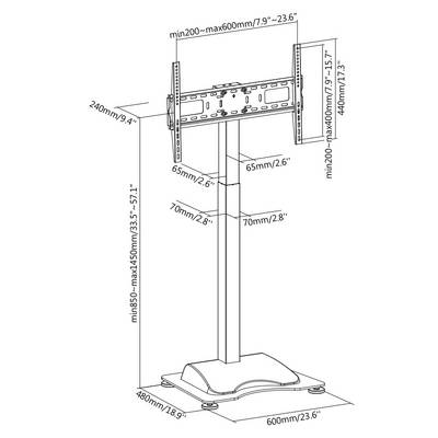 Diagram TV stojala z merami: Višina 135–145 cm, širina podstavka 60 cm, VESA pritrdilni sistem min. 20–maks. 60 cm širine in 20–40 cm višine.
