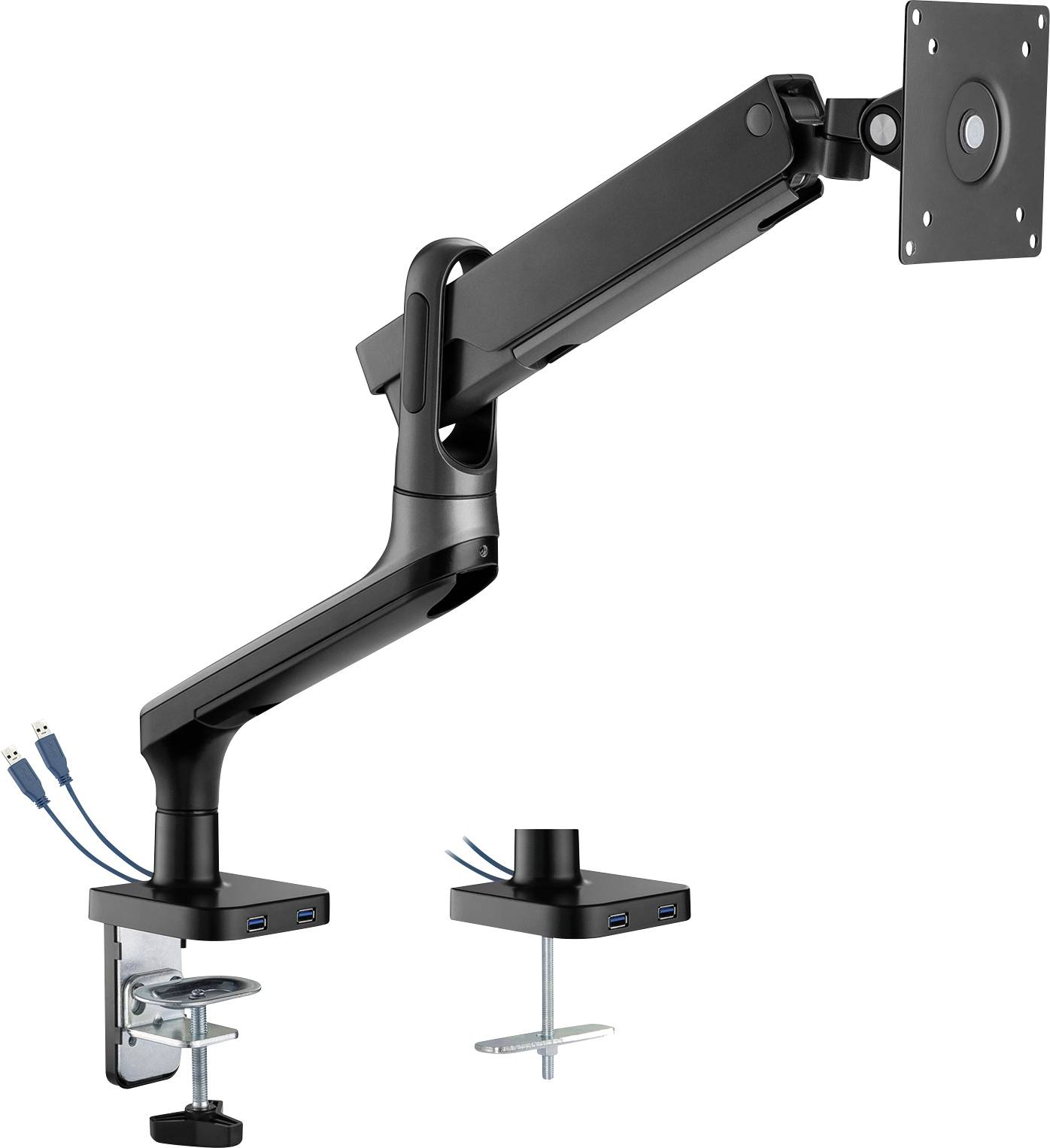 Črni nadglavni nosilec za monitor z gibljivim sklepom za namestitev na mizo, z vgrajenimi USB priključki. Primeren za ergonomsko postavitev zaslona.