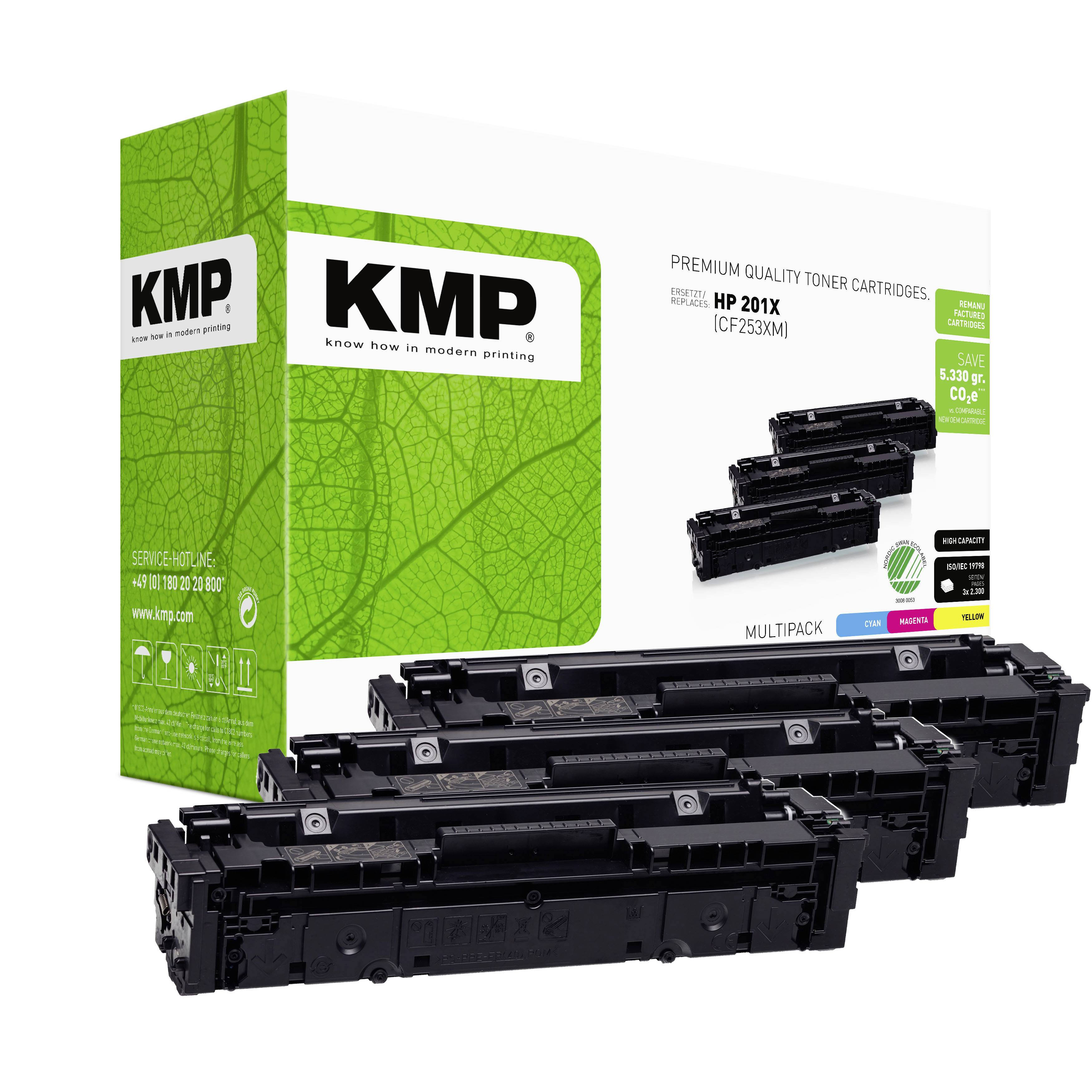 KMP večpakovna predelana tonerska kartuša vrhunske kakovosti za HP 201X (CF253XM), prikazana s štirimi črnimi tonerskimi kartušami in zeleno embalažo.