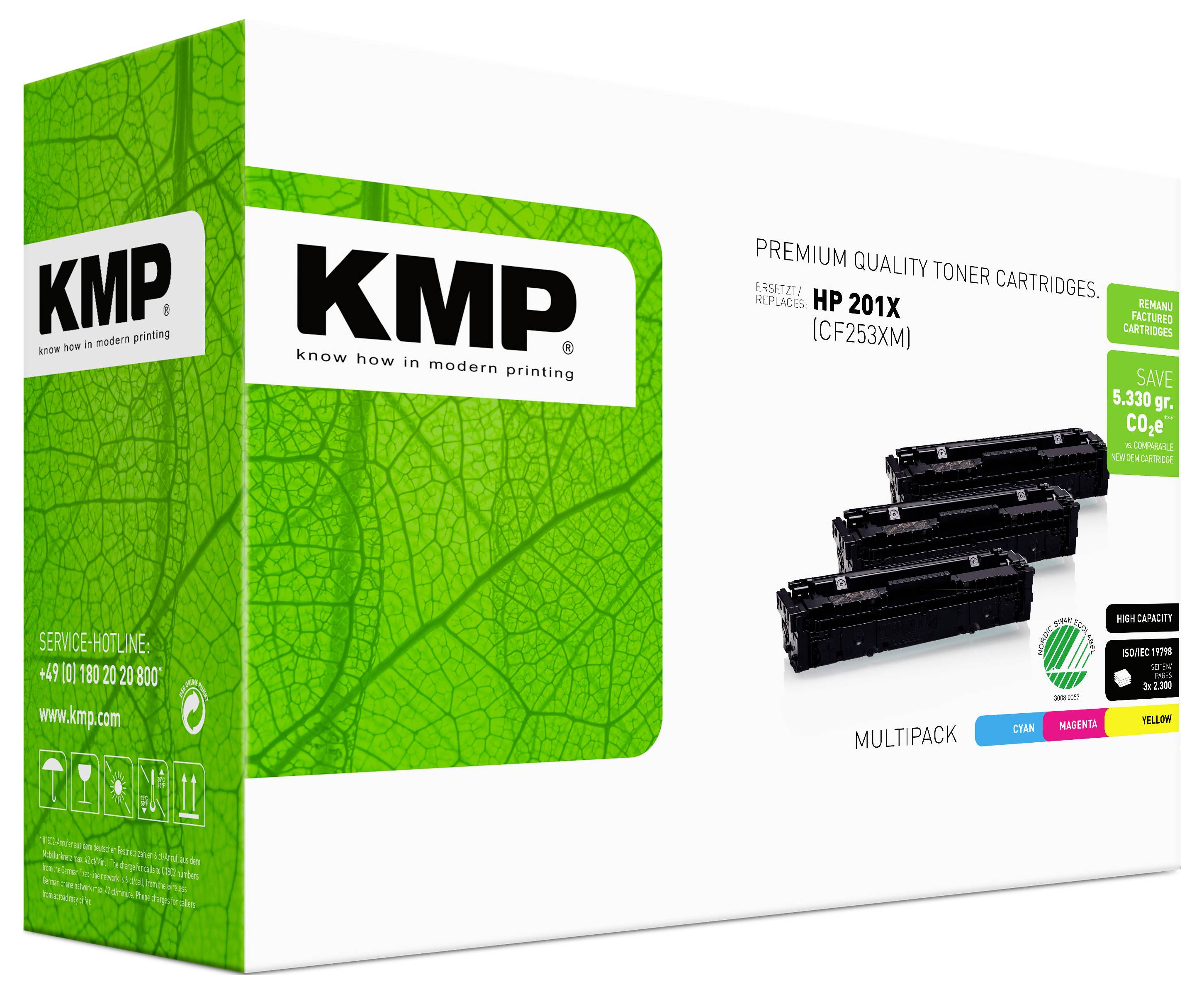 KMP kakovostne tonerske patrone premium za HP 201X, na embalaži prikazane črne, ciane, magente in rumene patrone.
