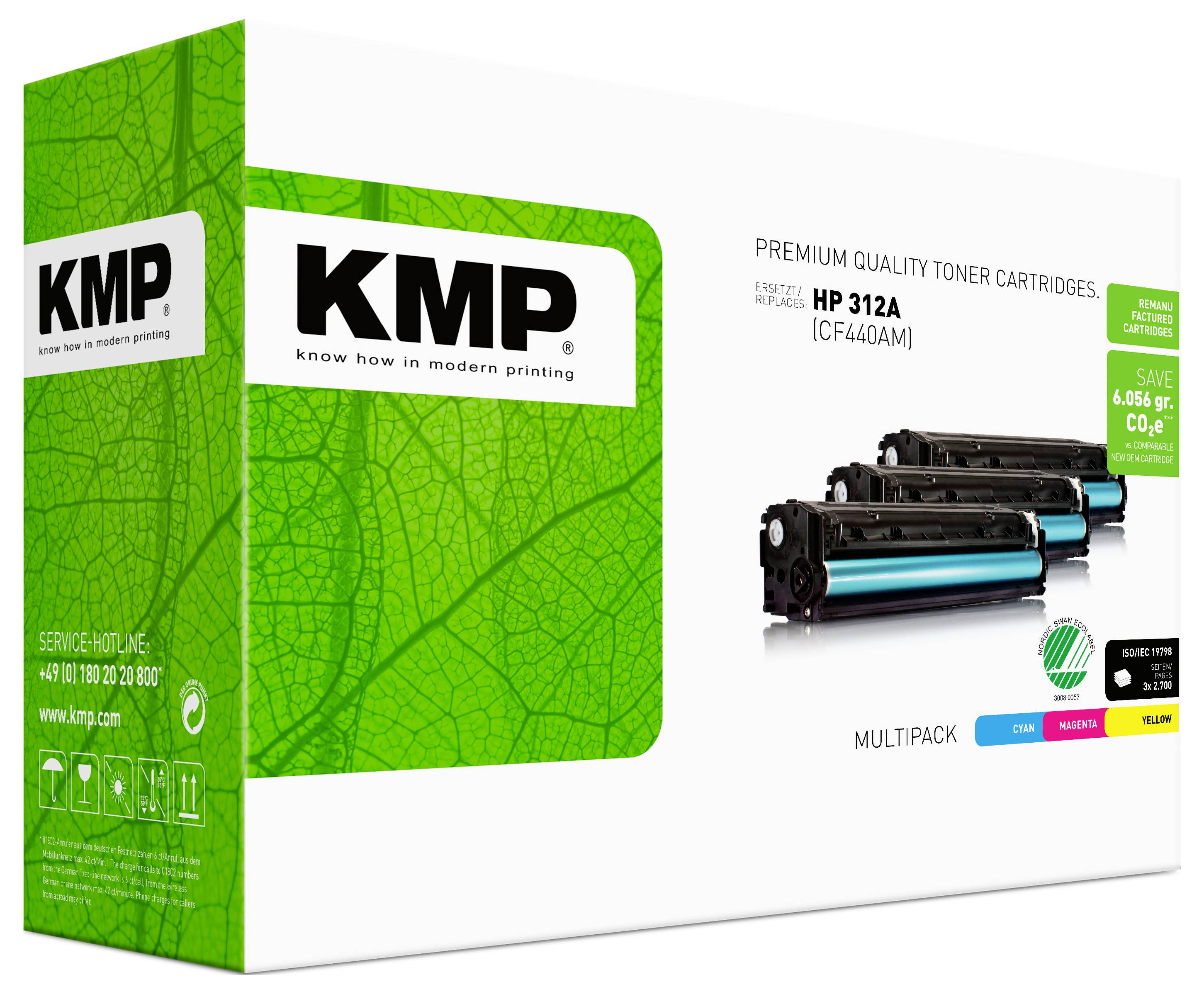 KMP vrhunska kvaliteta tonski kartridž multipack embalaža za HP 312A, prikazuje črne tonske kartridže na beli škatli z zelenim blagovno znamko.
