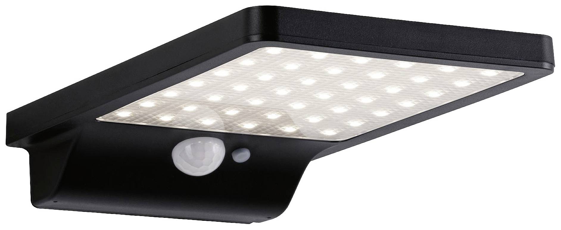 Črna LED solarna svetilka z vgrajenim senzorjem gibanja, namenjena predvsem zunanjim prostorom.