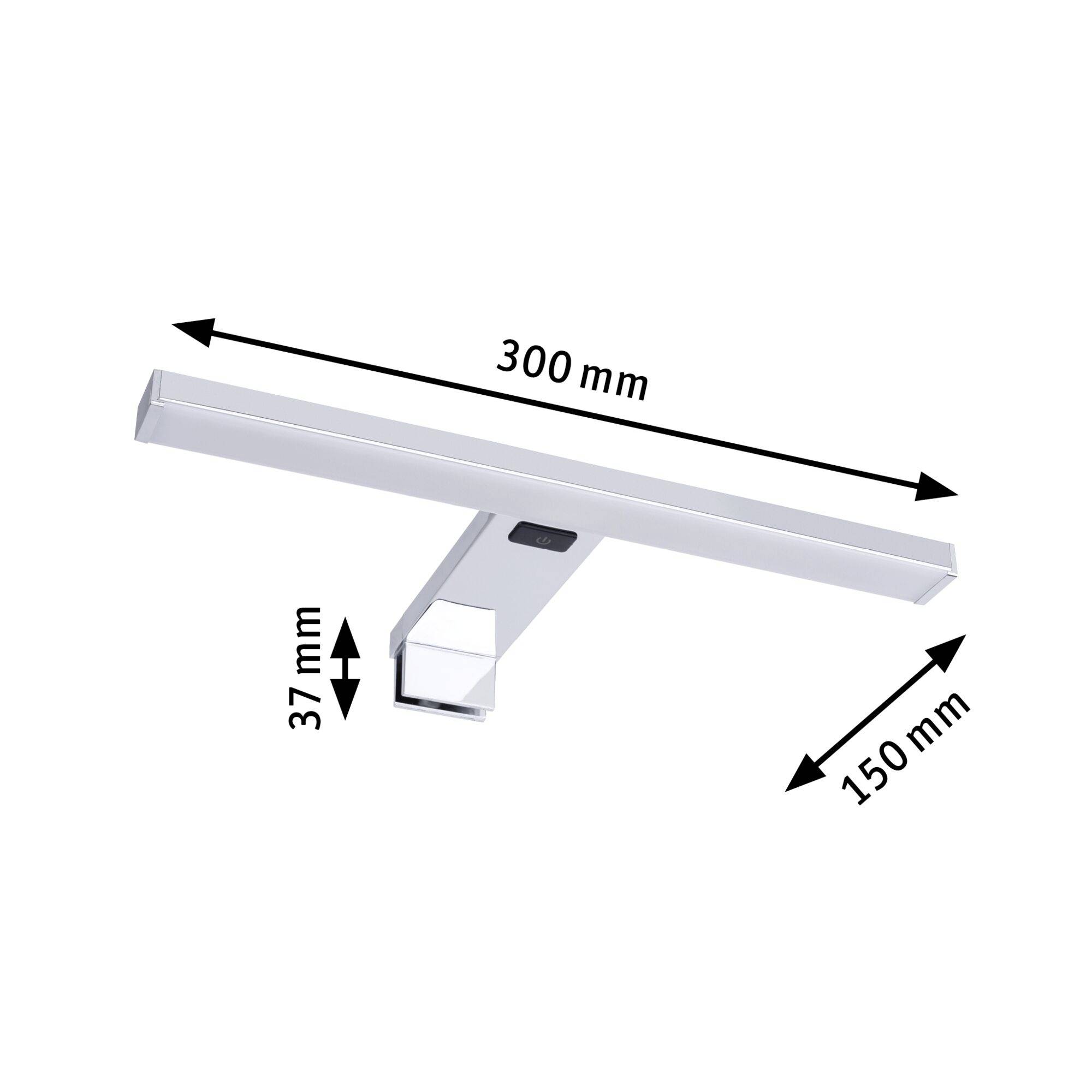 Srebrna LED-svetilka, L-oblike, dimenzije: 300 mm dolžine, 37 mm višine, 150 mm globine, primerna za sodobne slog opremljanja.