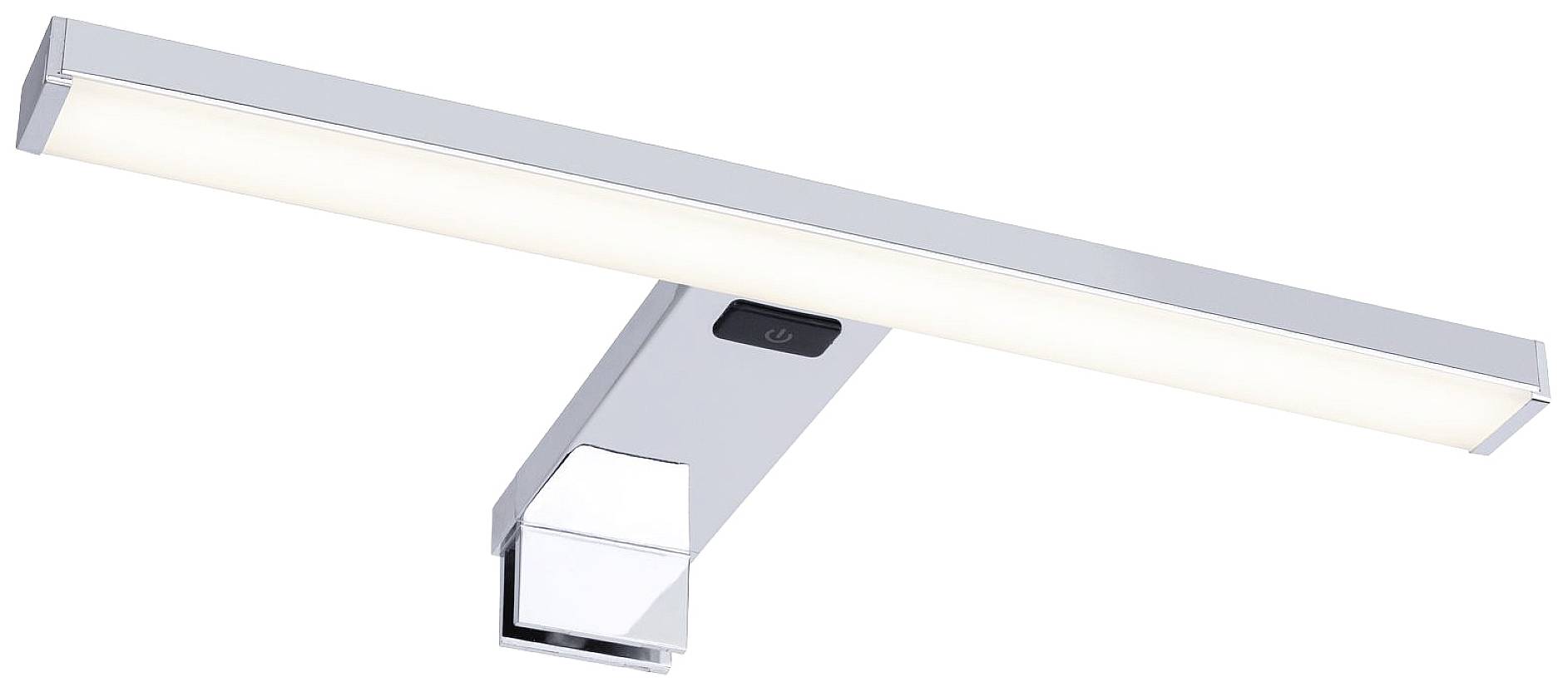Moderna LED-svetilka pravokotne oblike s srebrnim ohišjem, primerna za montažo na steno nad ogledali ali umetniškimi deli.