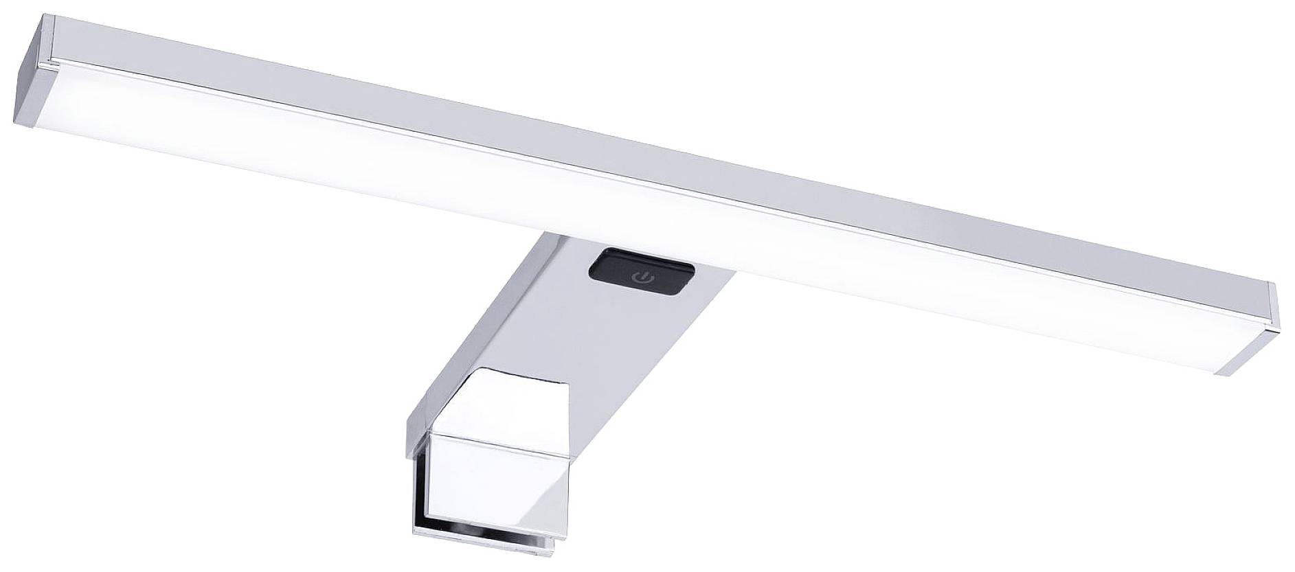 Moderna LED-svetilka pravokotne oblike s sijajočo kromovo površino. Idealna za namestitev nad ogledalom ali sliko.