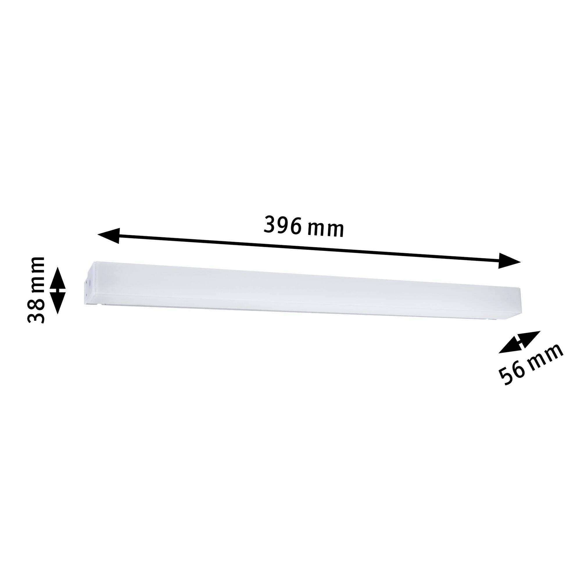 Bela letev z dimenzijami: dolžina 396 mm, širina 56 mm, višina 38 mm, prikazana na beli podlagi.