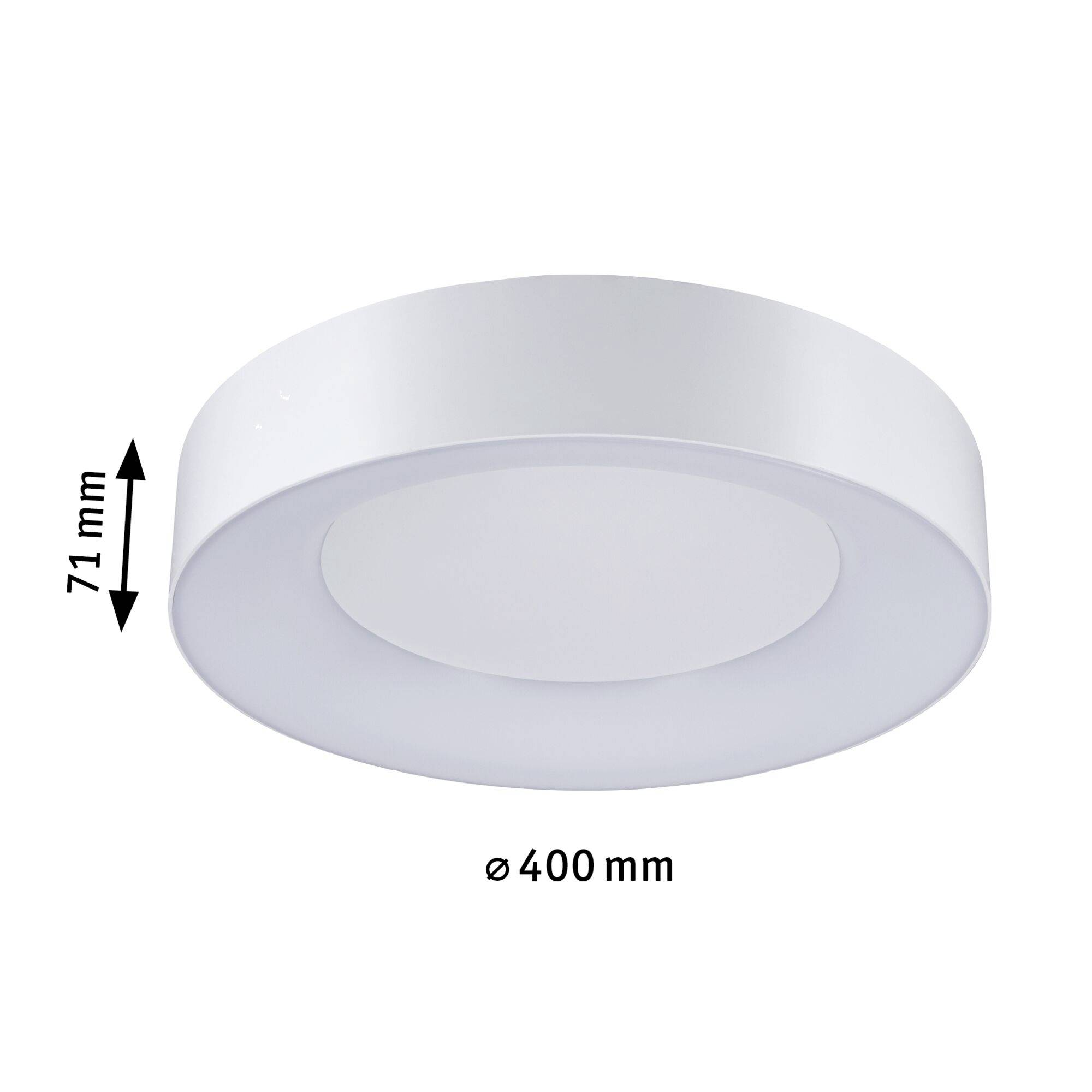 Okrogla bela stropna LED-svetilka s premerom 400 mm in višino 71 mm pred belo podlago.
