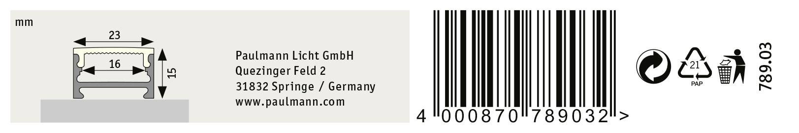 'Paulmann Licht GmbH, Quezlinger Feld 2, 31832 Springe / Nemčija, www.paulmann.com.' Nalepka z črtno kodo in simboli izdelka.
