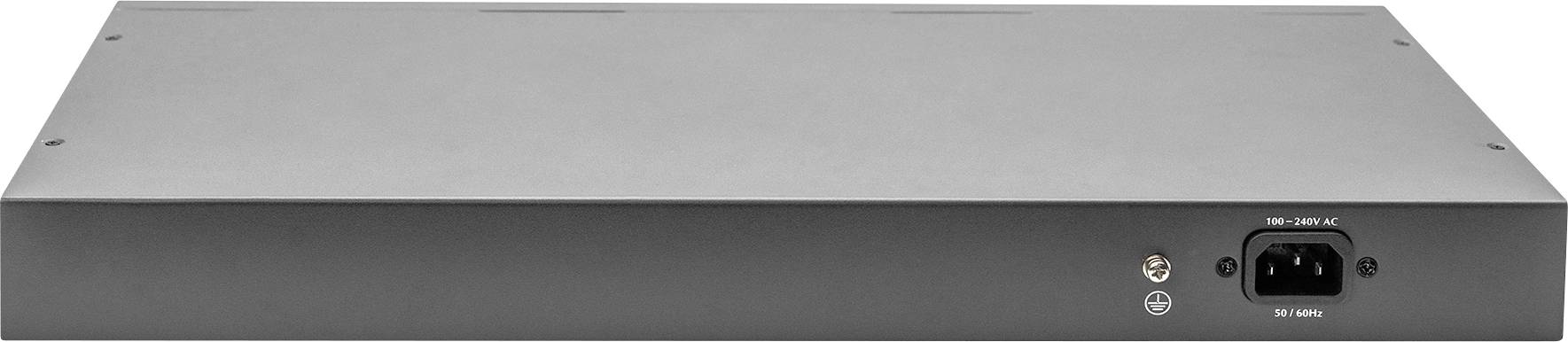 Črna, pravokotna elektronska naprava z omrežnim priključkom in dodatnim priključkom na zadnji strani.