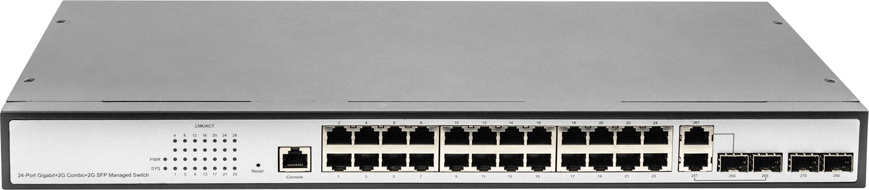 24-portno gigabitno ethernet stikalo z 2 dodatnima SFP-reževoma. Predvsem namenjeno omrežni povezljivosti v pisarnah.